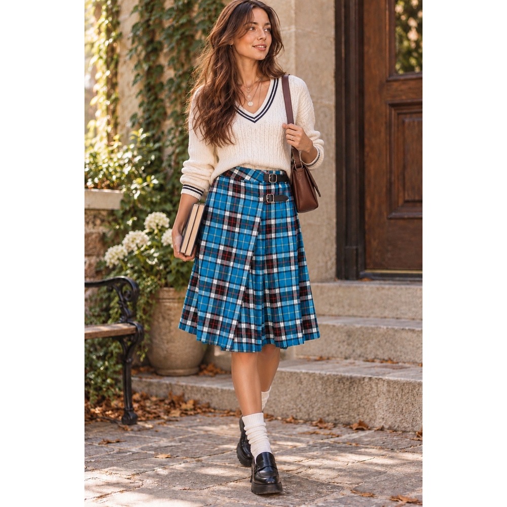 Academia Plaid True Wrap Pleated Midi Skirt Buckles Blue Y2K Schoolgirl XS NWT